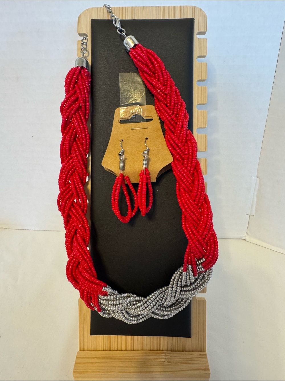 Bold Red and Silver Braided Beaded Necklace with Matching Earrings